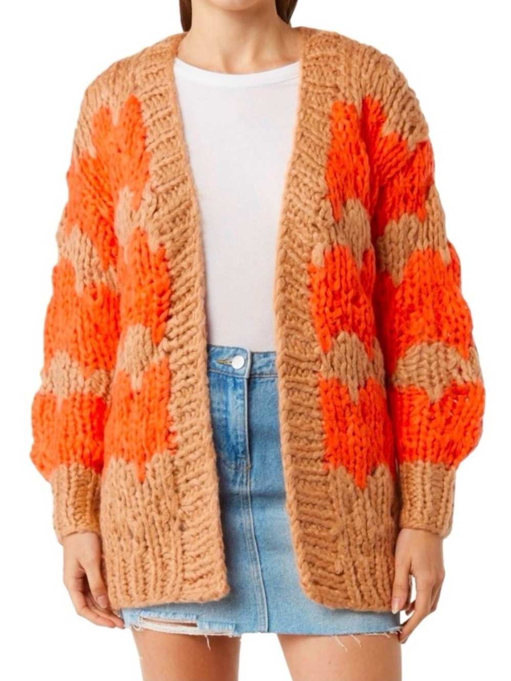 THE CASHMERE PROJECT Hand Knit Chevron Open Front Chunky Sweater Cardigan